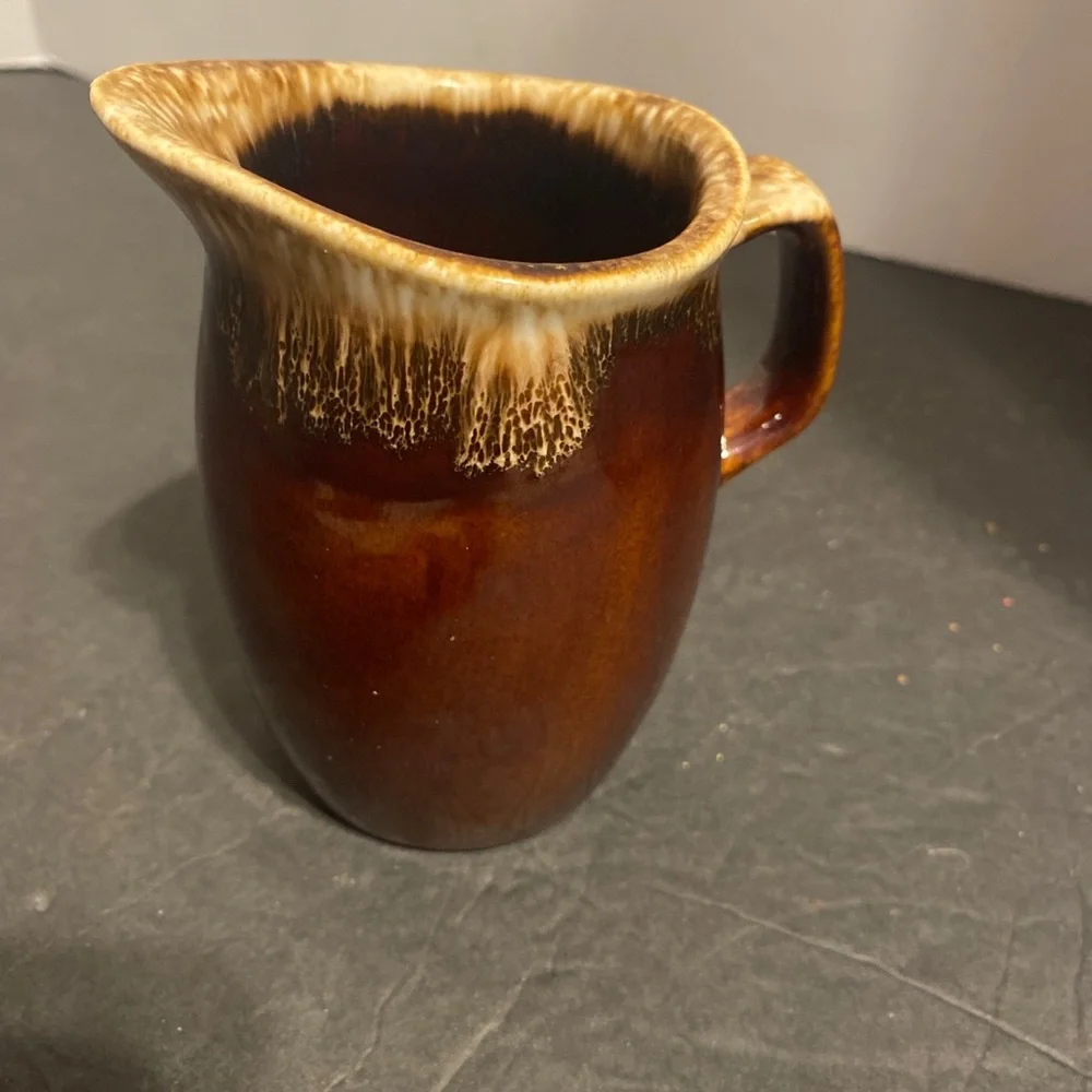 Vintage Ovenproof USA brown drip pottery creamer syrup pitcher 4.5”